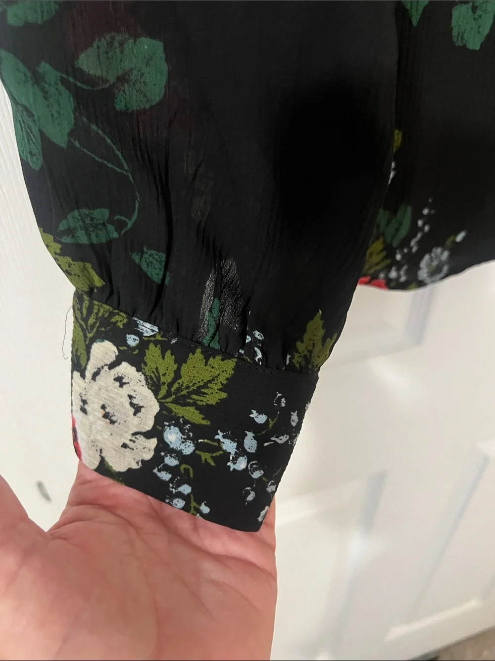 LOFT Black Floral High-Neck Long-Sleeve Blouse with Pink and Cream Roses